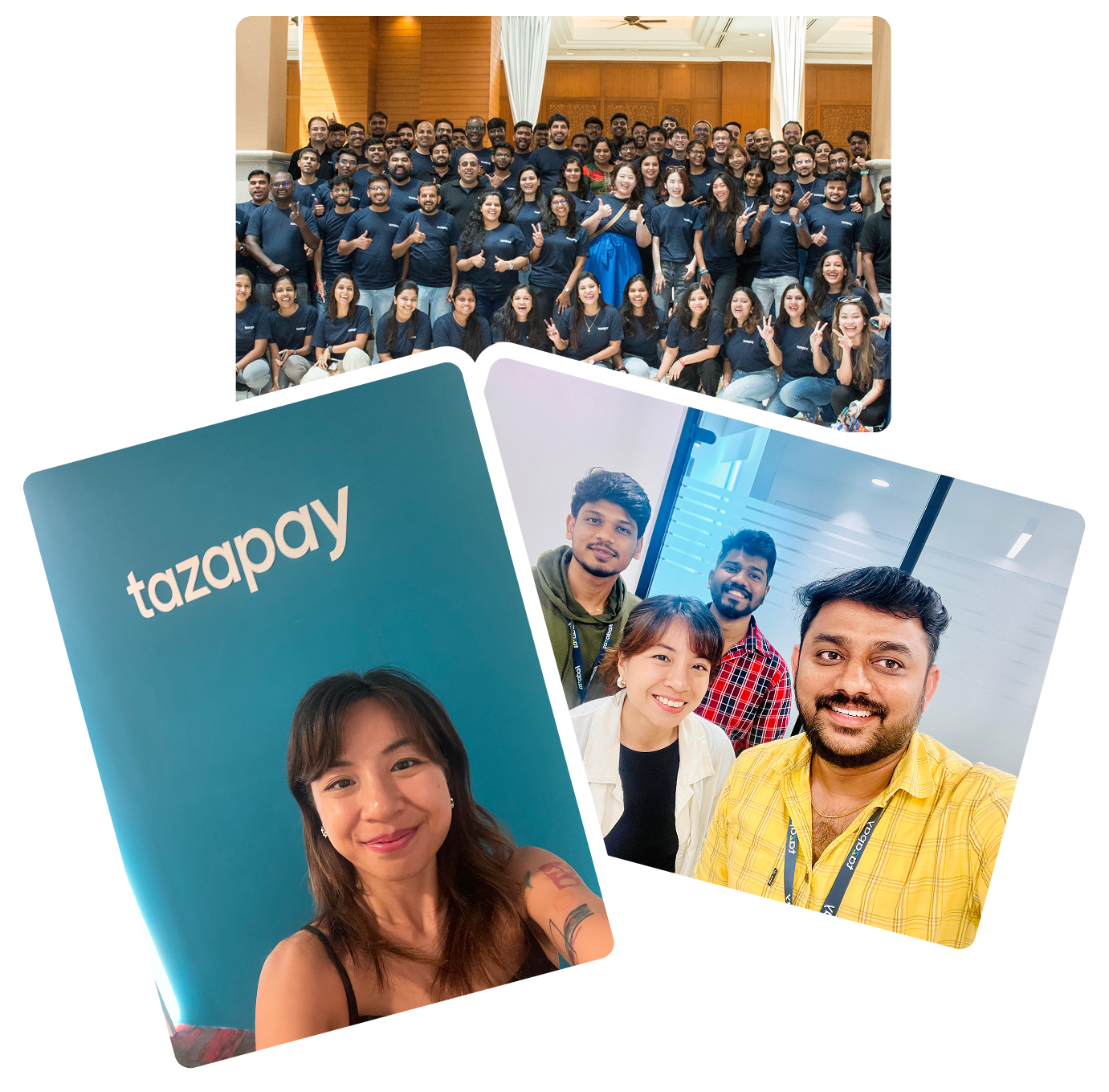 Tiffany Ho with the Tazapay team, including a group photo at a company offsite