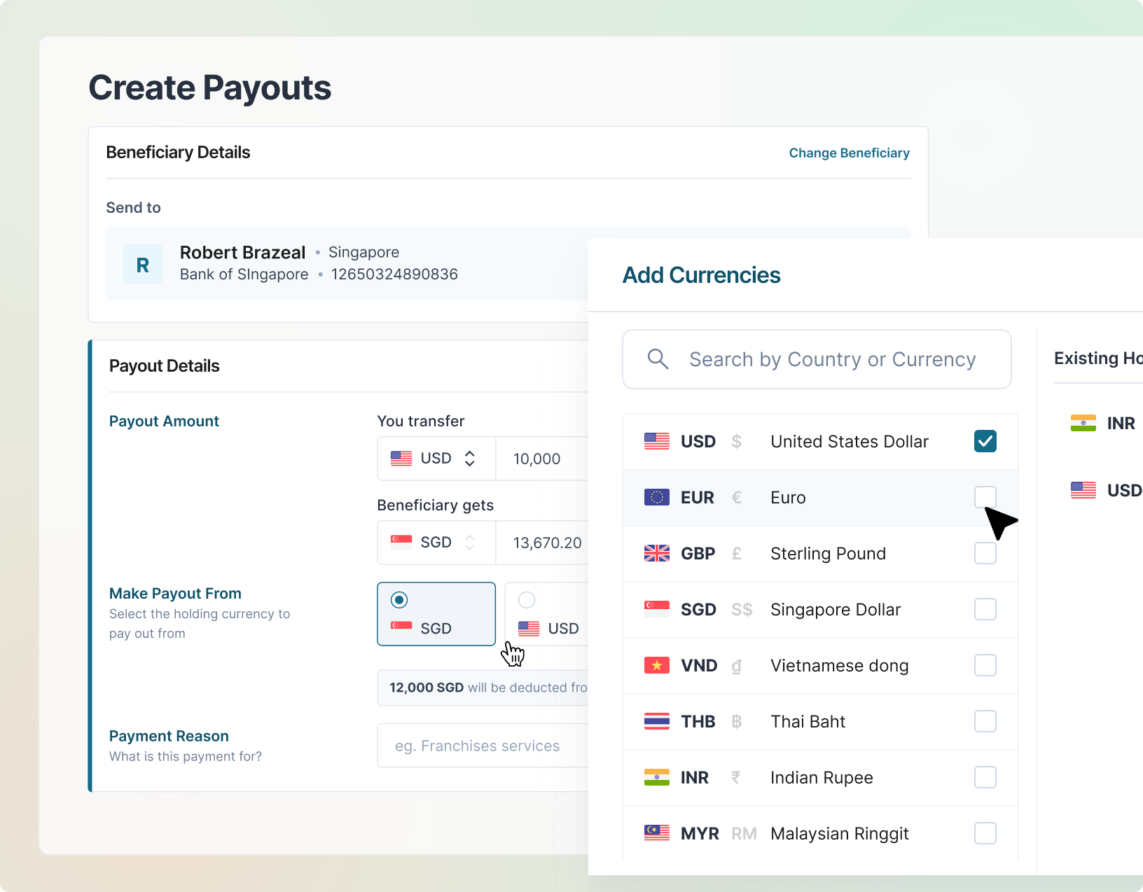 Create Payouts flow with beneficiary details and multi-currency selection