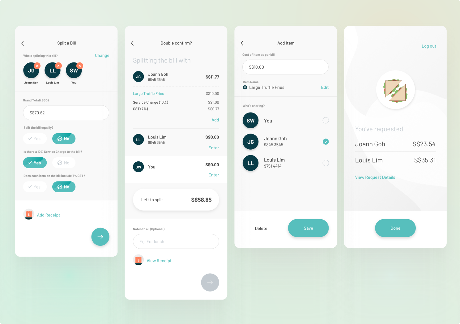 Split a Bill flow: choosing who to split with, confirming the breakdown with service charge and GST, adding an item and assigning who's sharing it, and the final request sent to each person