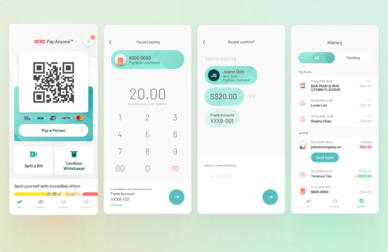 OCBC PayAnyone V3.0 screens: home screen with QR pay code and Split a Bill entry point, the pay flow, double confirm screen, and transaction history