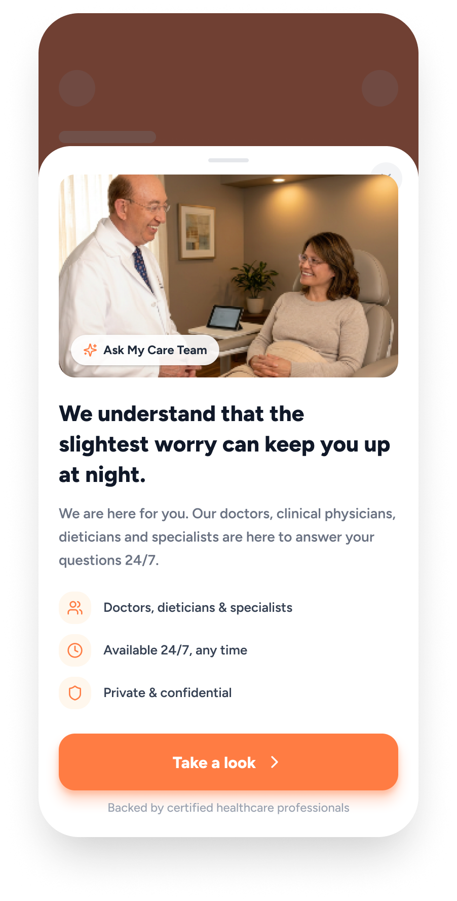Introduction screen inviting patients to ask their care team a question, with a photo of a doctor and patient talking.